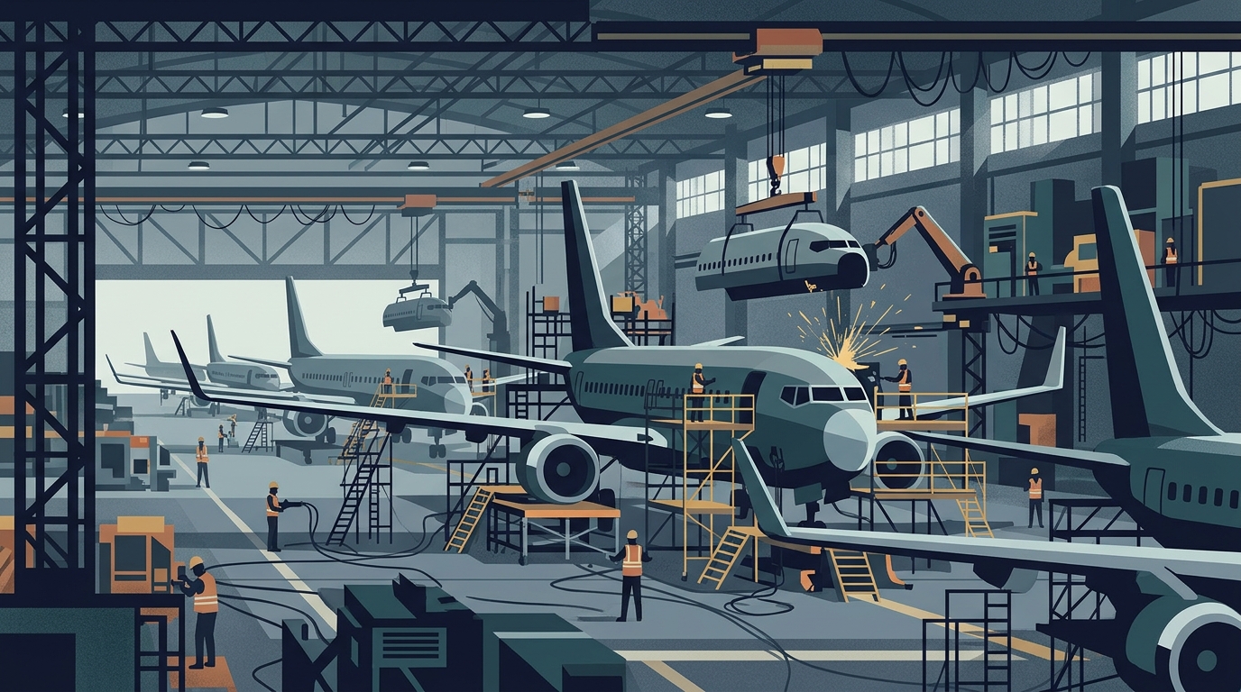 A stylized representation of a 737 Max aircraft on a factory line, indicating higher production volume.