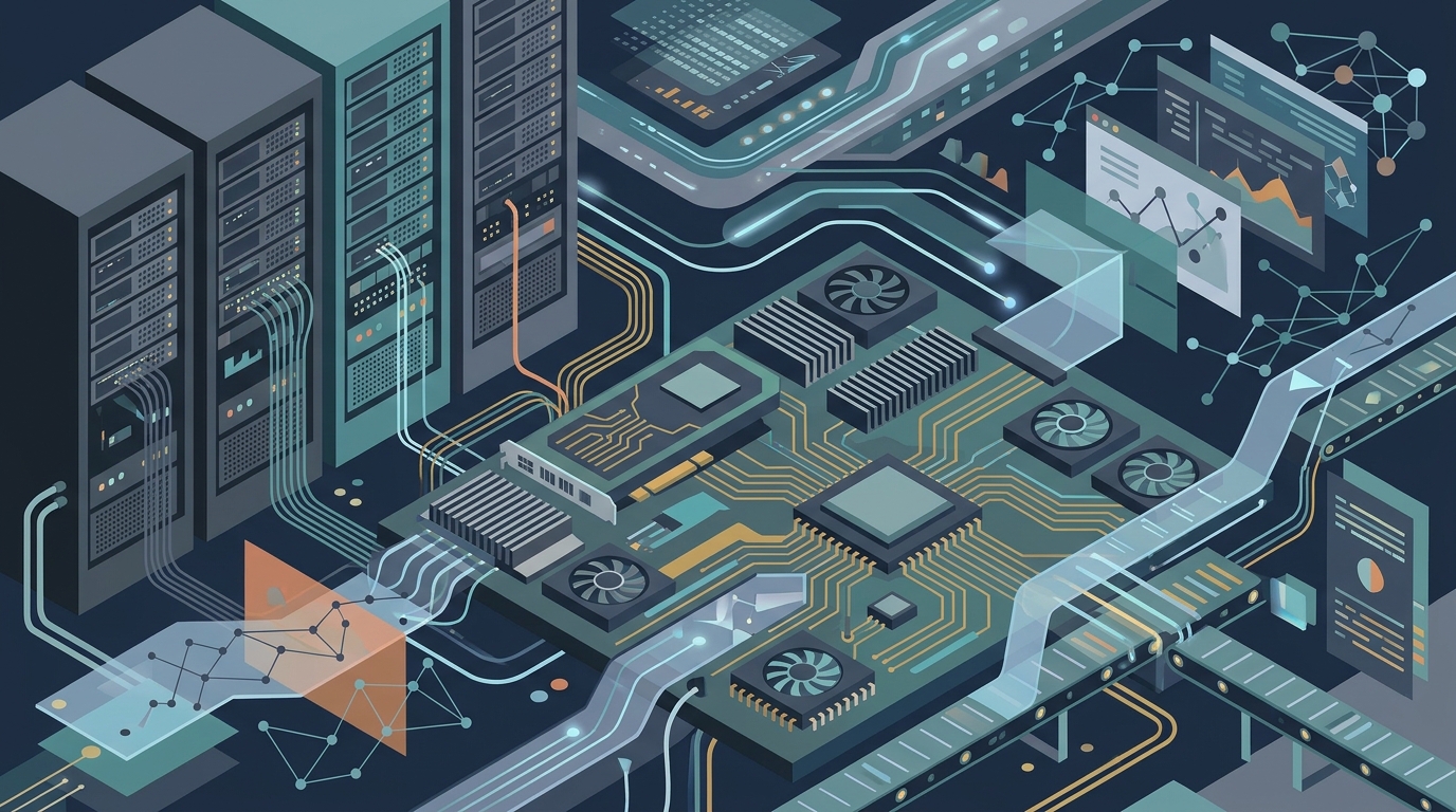 Diagram showing data center hardware and software layers linked to represent an AI factory.