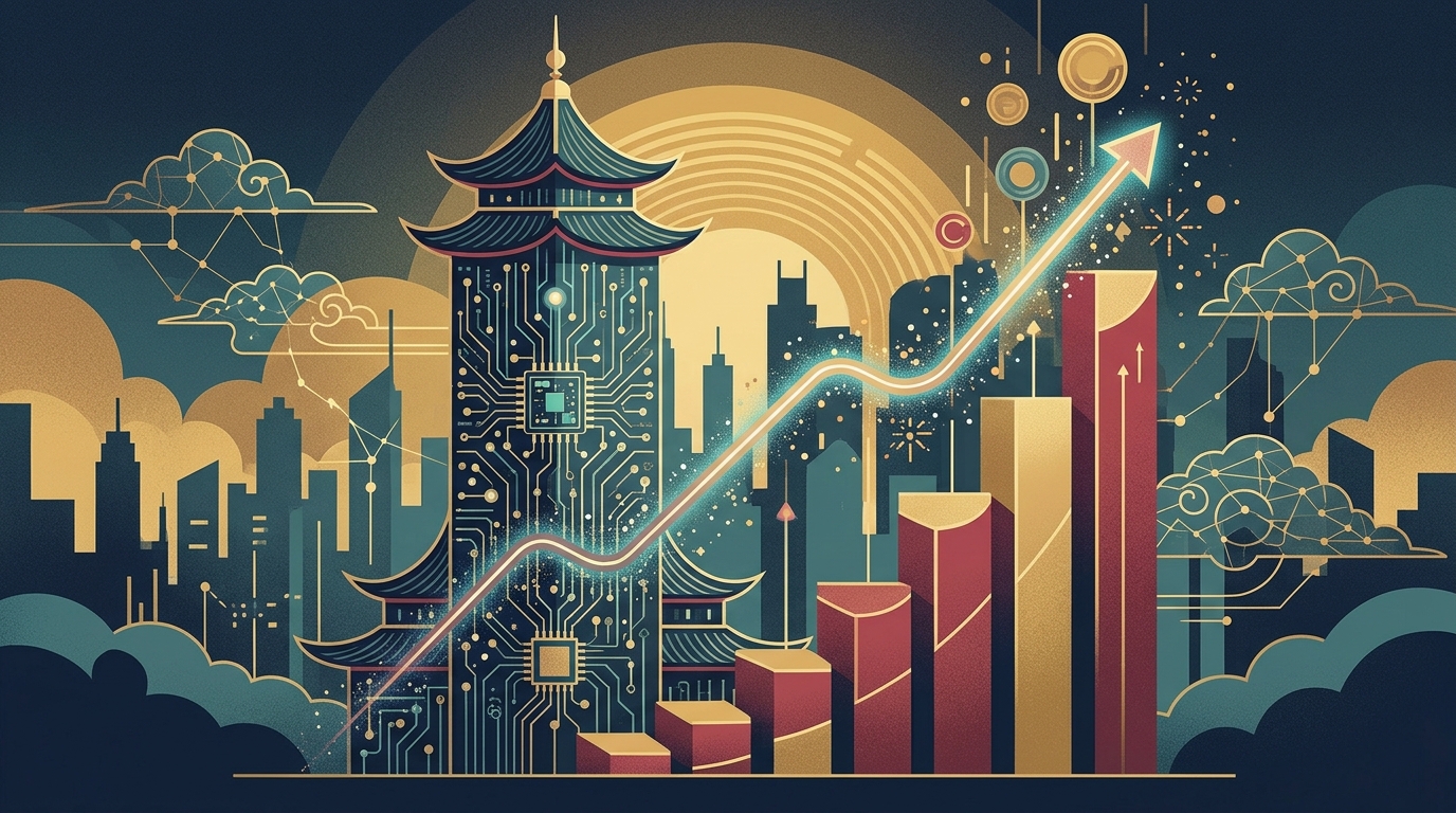Graphic showing a circuit‑pattern skyscraper and upward bar chart representing AI‑fuelled wealth increase in China.